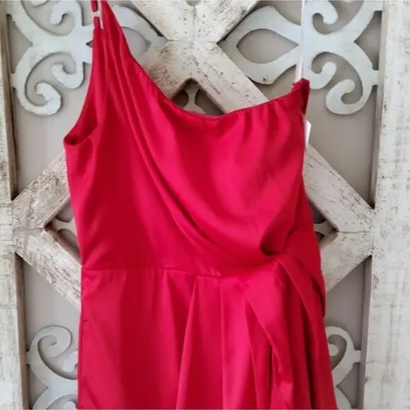 Lulu's Women's Law of Attraction Satin One-Shoulder Asymmetrical Midi Dress Red - Picture 7 of 12